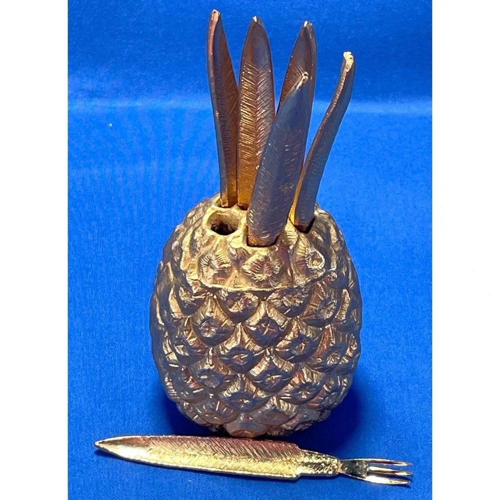 Ormolu Gold Pineapple Cocktail Fork Set 8 Picks MCM Hollywood Regency Metal